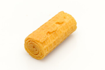 Crispy sweet delicious waffles. Fragrant pastries on a white background.