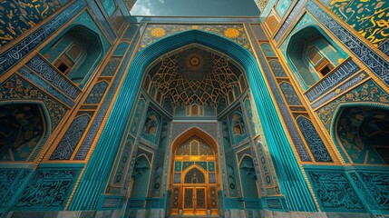 Obraz premium Elegance in Architecture: Golden Hour Mosque with Islamic Calligraphy, generative ai