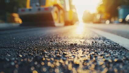 Closeup of asphalt laying on the road with construction machinery in the background