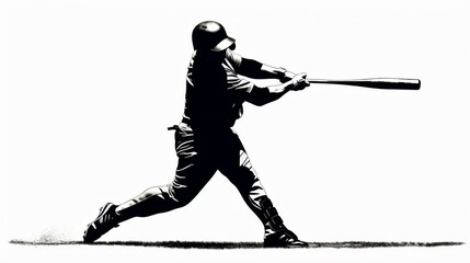 Stylized silhouette of a powerful baseball player in mid-swing against a stark white background
