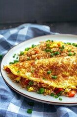 Egg omelette and fried rice on a white plate.