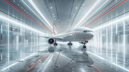 Sleek jet in futuristic airport corridor, illuminated by ambient lighting and reflections on polished floor