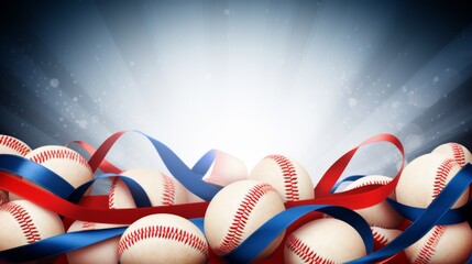 Abstract backdrop featuring multiple baseballs intertwined with swirling red and blue ribbons on a radiant light background