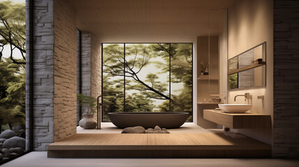 Japanese Zen-style bathroom interior design.