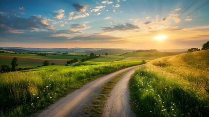 Fototapeta premium A winding road through sun-kissed fields at sunset