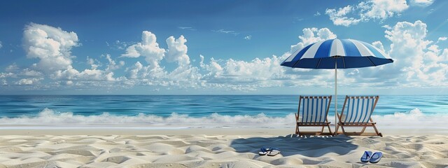two beach chairs on the sand in front of the blue ocean, with a beautiful blue sky.