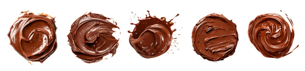 Five different chocolate swirls against a dark background