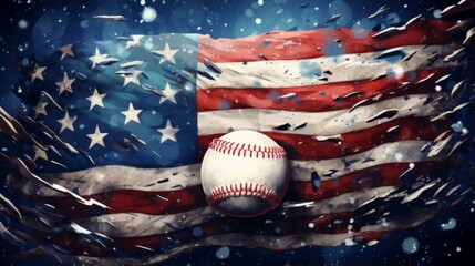 An illustrated baseball in front of a weathered American flag with snowflakes suggesting winter sports patriotism
