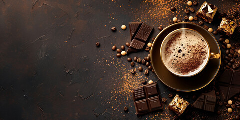 Cup of latte coffee with chocolate pieces and coffee beans on a brown background. Horizontal banner with a cup of coffee and free space for text. Raster bitmap digital illustration. AI artwork.
