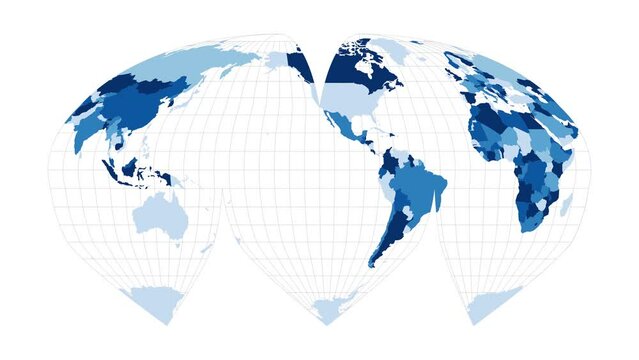 World Map. Alan K. Philbrick's interrupted sinu-Mollweide projection. Loopable rotating map of the world. Classy footage.