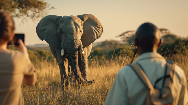 Tourists meeting with an elephant. Generative AI