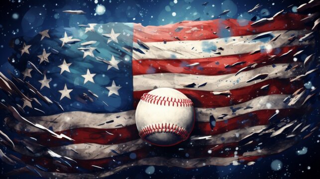 An illustrated baseball in front of a weathered American flag with snowflakes suggesting winter sports patriotism - Powered by Adobe