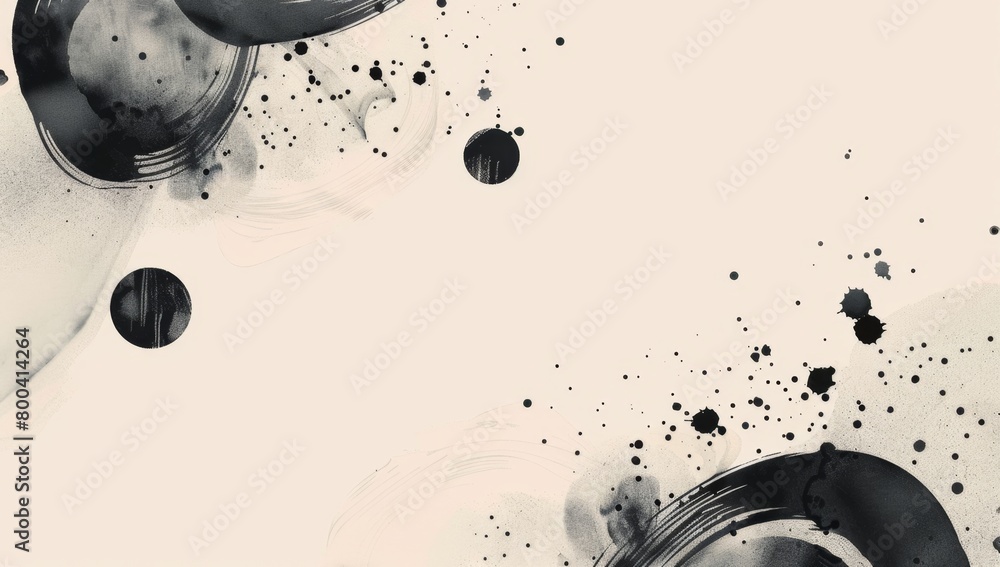 Poster black ink brush stroke abstract circles and splashes on white background generative ai