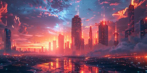 Obraz premium futuristic night eco friendly city with glowing lights and tall unusual shaped buildings