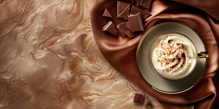 Cup of latte coffee with chocolate pieces and coffee beans on a brown background. Horizontal banner with a cup of coffee and free space for text. Raster bitmap digital illustration. AI artwork.
