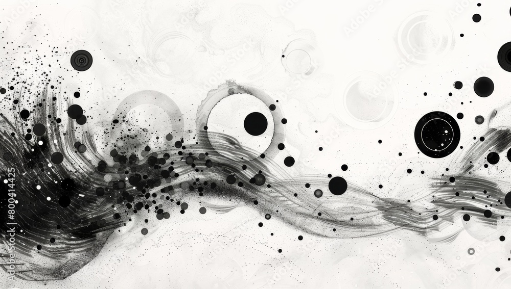Poster abstract ink painting of circles and dots on a white background with a black and gray color scheme g