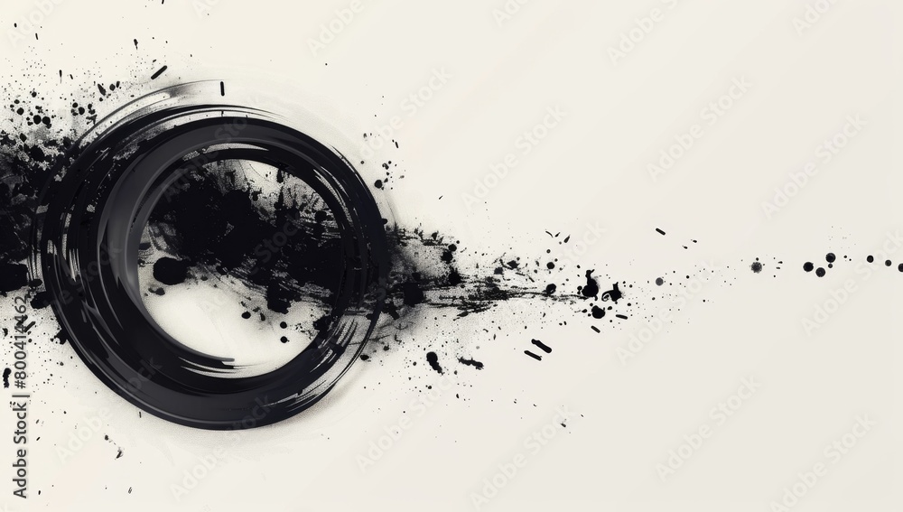 Poster black ink brush stroke abstract circles and splashes on white background generative ai