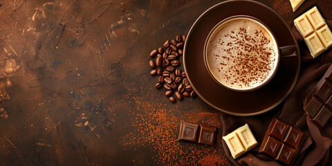 Cup of latte coffee with chocolate pieces and coffee beans on a brown background. Horizontal banner...