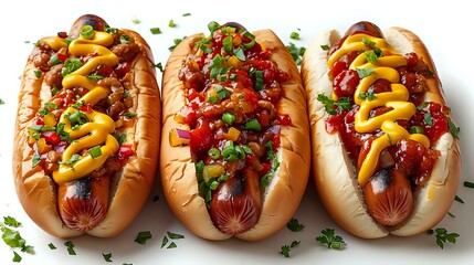 Trio of Classic American Hot Dogs with Vibrant Condiments