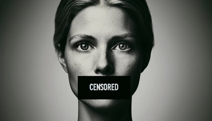  A woman's face, with her mouth covered by a black box labeled 'CENSORED' wallpaper background