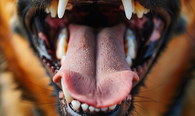 A close up of a dog's teeth and tongue