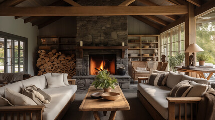 Farmhouse rustic interior design of modern living room.