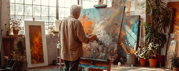 Mature old man painting in messy and cluttered art studio with natural window light. The artist is surrounded by paint brushes and paints and is working on a canvas.
