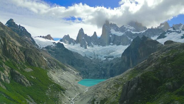 Monte Fitz Roy also known as Cerro Chalten, Cerro Fitz Ro is a mountain in Patagonia, on the border between Argentina and Chile. It is located near the town of El Chalten. Aerial drone view.