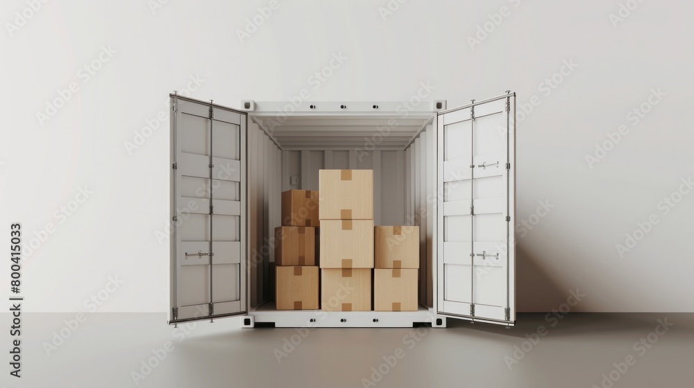 Aufkleber depiction of an open container filled with cardboard boxes through a 3d illustration.