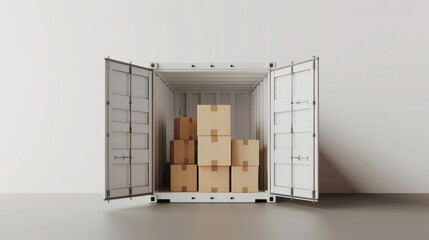 Depiction of an open container filled with cardboard boxes through a 3D illustration.
