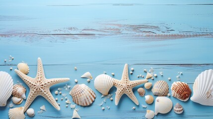 A collection of starfish and seashells on a rustic blue wooden background, capturing the essence of the ocean