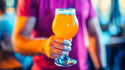 Man holding a glass of craft beer enjoying the cold refreshment . Concept Craft Beer, Refreshing Drink, Image Concept, Man Enjoying, Glass of Beer