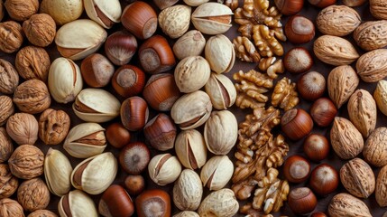 Variety of nuts, hazelnuts, walnuts, pistachios, almonds and pecans - obrazy, fototapety, plakaty