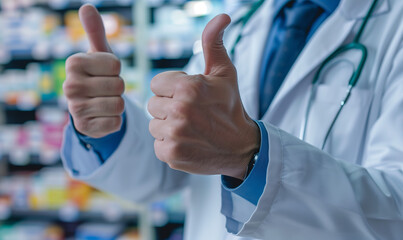 Doctor pharmacist showing thumbs up hand recommending quality medicine and drugs in pharmacy store.