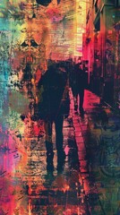 This is an abstract, colorful urban street scene with a silhouette of a person walking