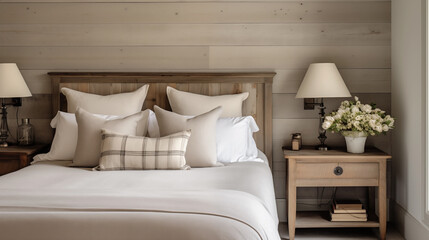 Farmhouse rustic interior design of modern bedroom.