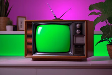 mock-up vintage television illustration with green screen key frame, old  scene