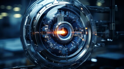 Concept art of a cybernetic eye X-ray, showing detailed internal electronics designed for enhanced vision, displayed in a high-tech research facility,