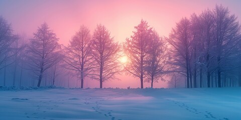 Winter Trees Silhouetted in Pink and Blue Mist. Atmospheric, Snow covered Woodland scene.