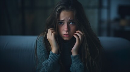 Fototapeta premium A portrait of a worried young girl holding a phone, her face lit by the screen in a dark room