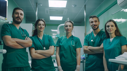 Medical staff team smiling in green uniforms stand.