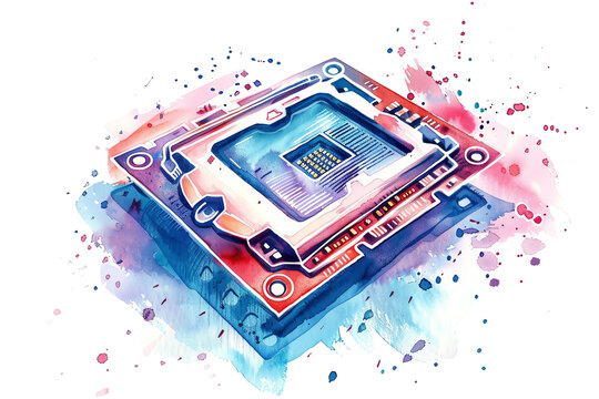 Minimalistic watercolor of a Central Processing Unit (CPU) on a white background, cute and comical.