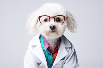 Dog in doctor's white coat and glasses, healthcare, pet care
