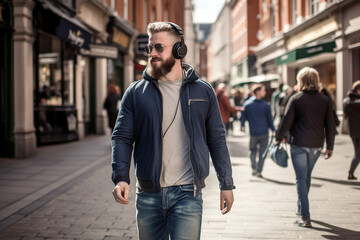 Stylish Man Enjoying Urban Walk on city streets with music on his headphones