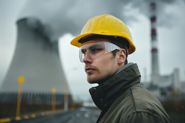 Engineer with helmet near cooling towers
