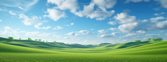 Fototapeta na wymiar Natural background scene of green hills, blue sky, fluffy clouds, copy space
