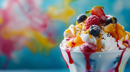 Colorful bingsu topped with fresh fruit and drizzles of condensed milk, set against a vibrant...