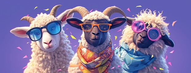 three funny sheep with sunglasses and colorful on purple background banner, copy space concept