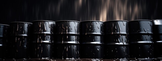 Glossy black oil barrels in monochrome warehouse industrial banner background