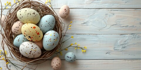 Easter Background featuring a Basket of Eggs on White Wood floor. Painted Eggs and copy-space.
